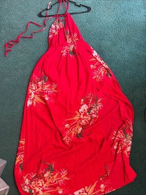 Red Floral Halter Maxi Dress - Brand Not Visible